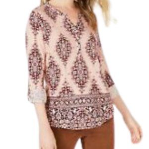 Style & Co.Tunic Split Neck Boho Top Cream Tan XS Mixed Print New